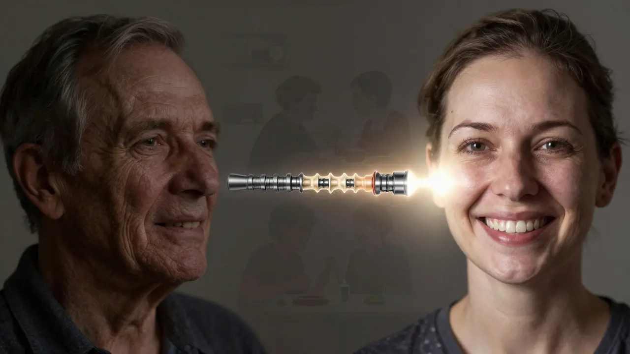 Přeměna starého obličeje s vpadlými tvářemi na plný, zdravý vzhled s implantáty.