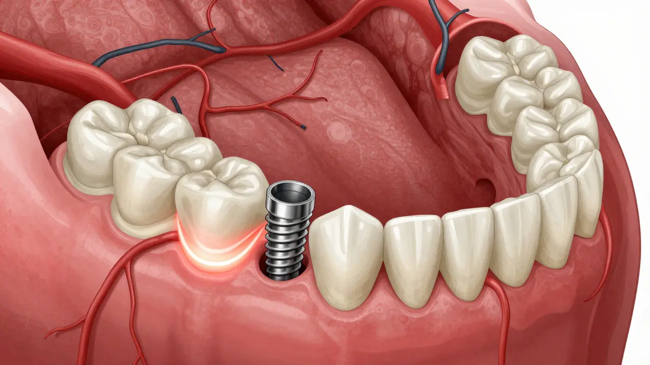 Příčný řez čelistí s implantátem integrovaným do kosti, s výraznými cévami a tkáněmi.