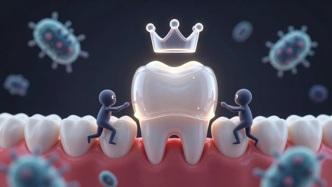 První trvalý molár s průhledným sealantem jako ochranným štítem proti bakteriím.