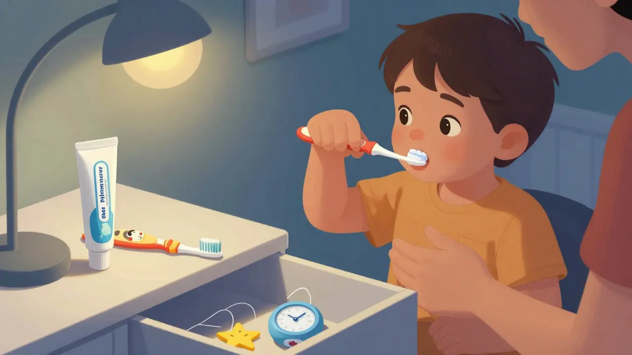 Rodič čistí zuby dvouletému dítěti doma s malou pastou a kartáčkem s hrdinou.