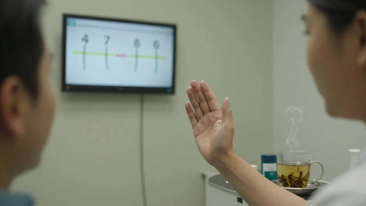 Ruka pacienta se zvedá jako signál k zastavení, asistentka klidně přikyvuje.