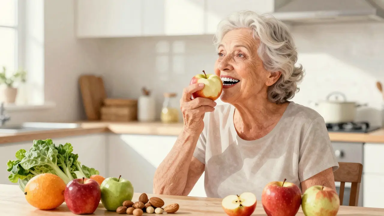 Stará žena jí čerstvé jablko s plným zubním náhradním systémem.