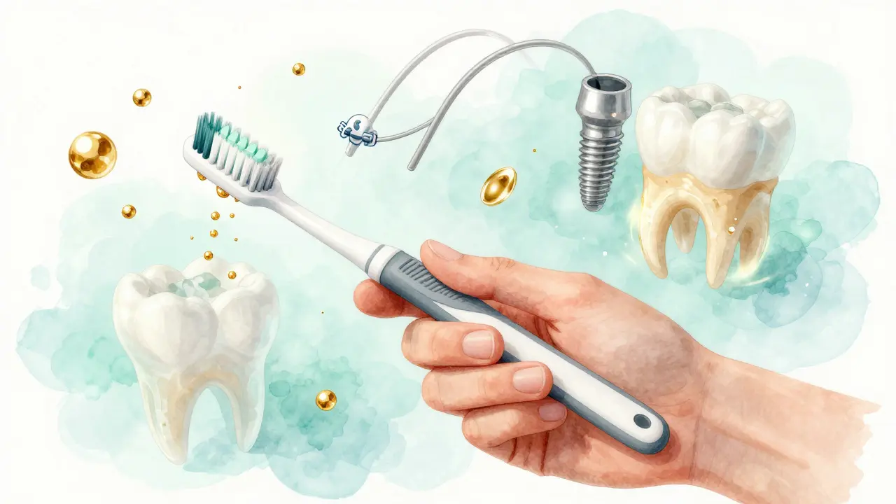 Symbolický obraz zdravých dásní a zubů s kartáčkem Curaprox v centru.