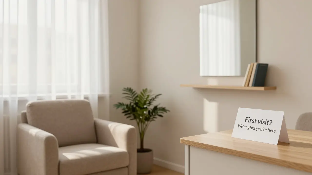 Tiché čekárna zubní kliniky s pohodlným křeslem, rostlinou a jemným světlem z okna.