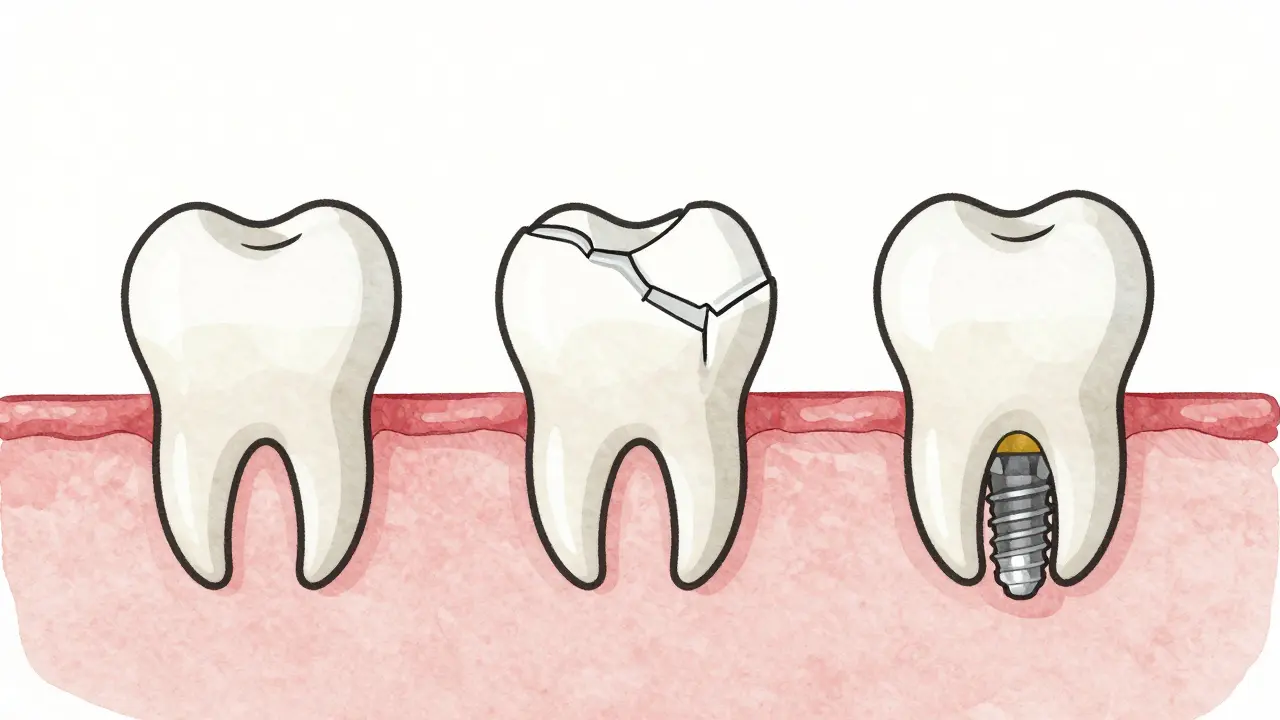 Tři možnosti léčby ulomeného zubu: přilepení, korunka a implantát.