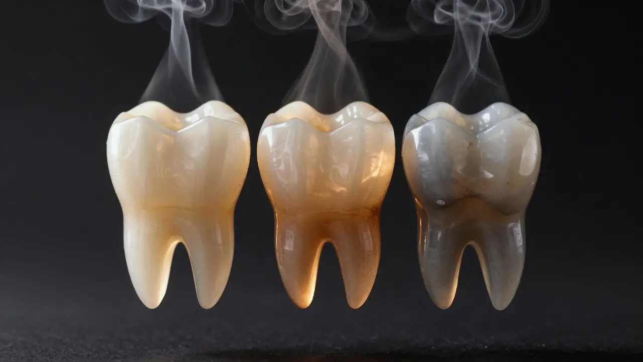 Tři průhledné zuby s různými typy zbarvení, osvětlené zevnitř v temnotě.