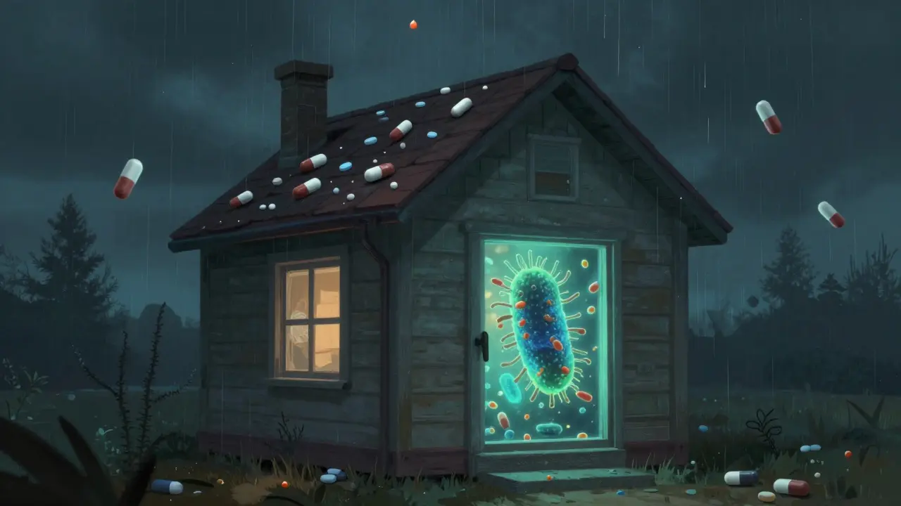 Zavřený dům s bakteriemi uvnitř, antibiotika padají venku