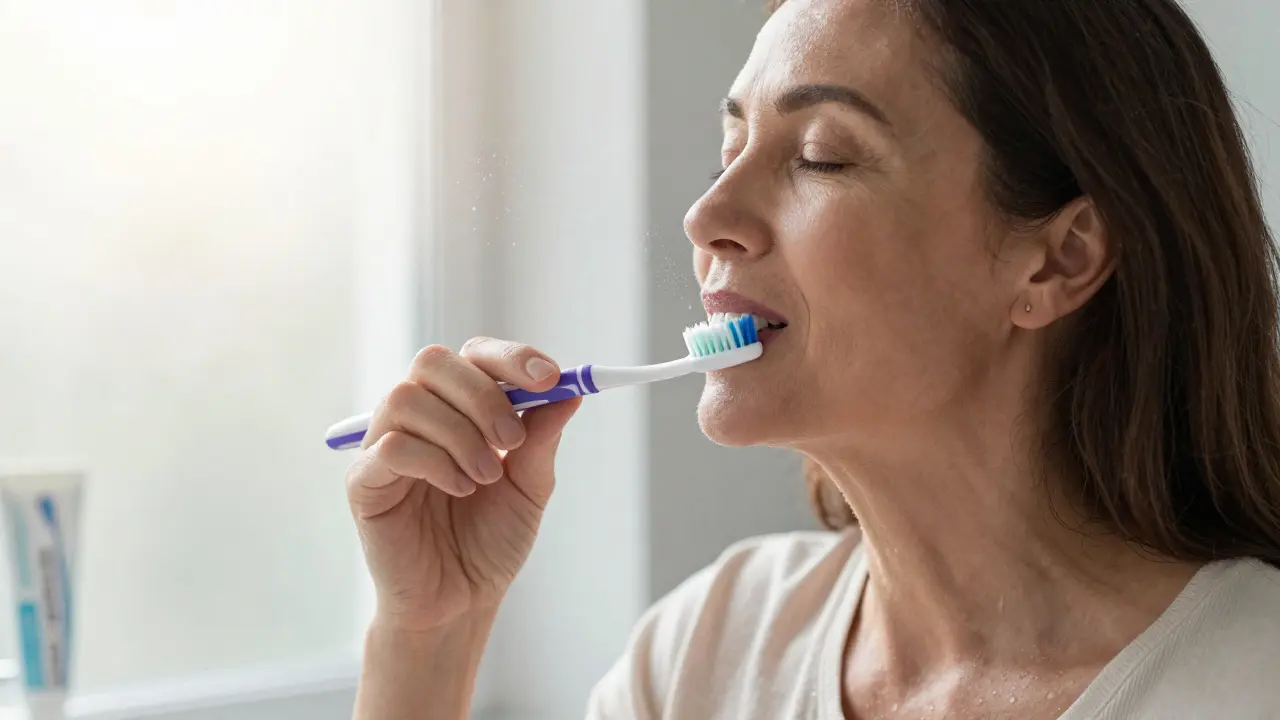 Žena používá sonický kartáček v koupelně, sluneční světlo a jemné bubliny kolem štětin.