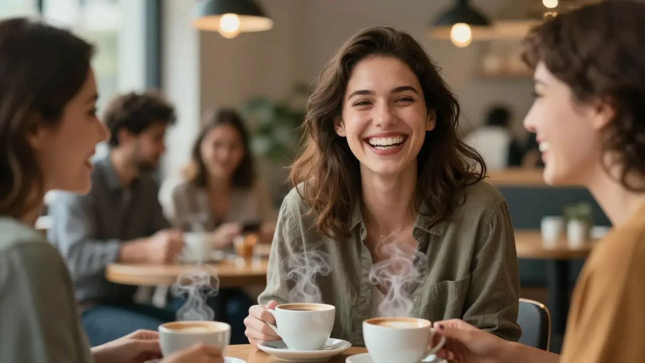 Žena se směje s přáteli v kavárně, její úsměv je přirozený a jistý.