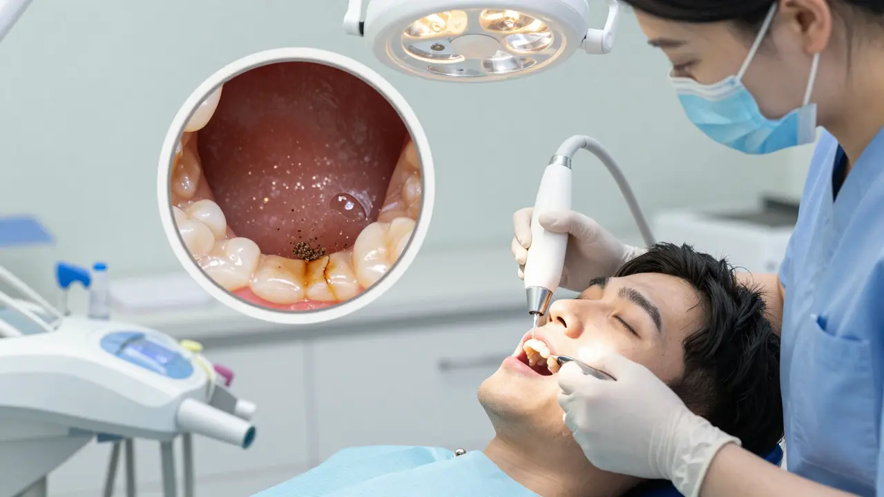 Zubařka odstraňuje pigmenty zubů pomocí jemného proudu prachu.