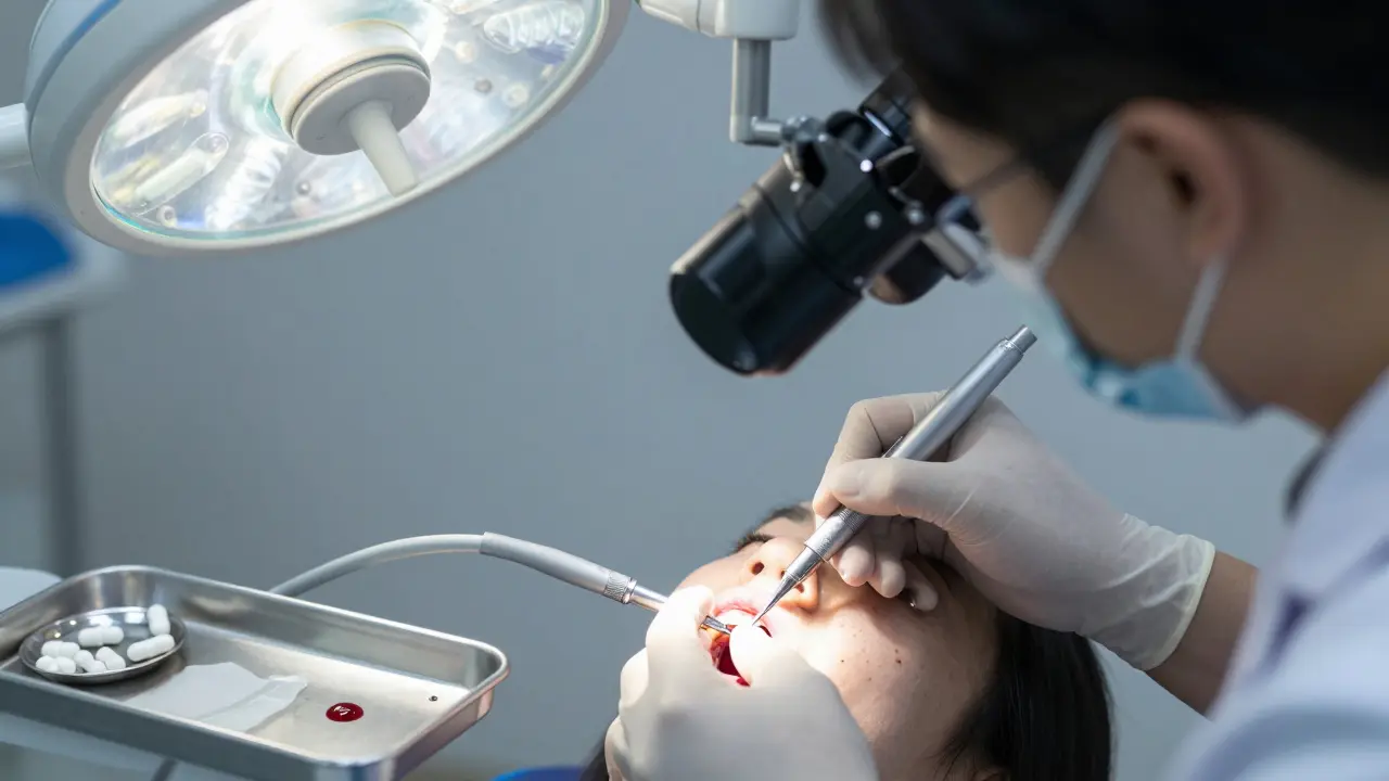 Zubní lékař čistí kořenový kanálek pod mikroskopem