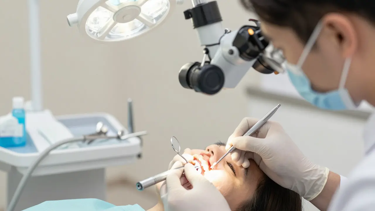 Zubní lékař přilepuje kousek zubu pomocí kompozitního materiálu.