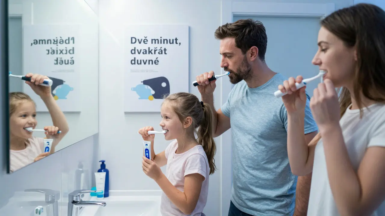Česká rodina čistí zuby večer, otec používá elektrický kartáček, dcera má fluoridovou pastu.