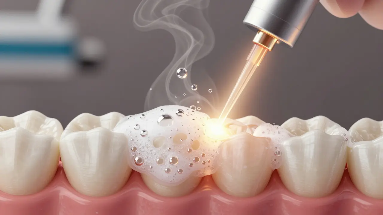 Close-up of oxygen bubbles forming white foam on tooth surface under laser light.
