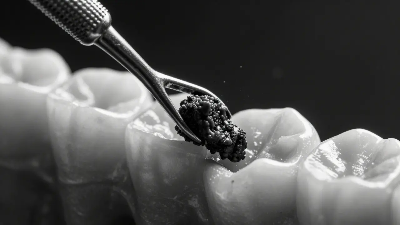 Dental scaler odstraňující kus černého zubního kamene s jemnými částicemi ve vzduchu.