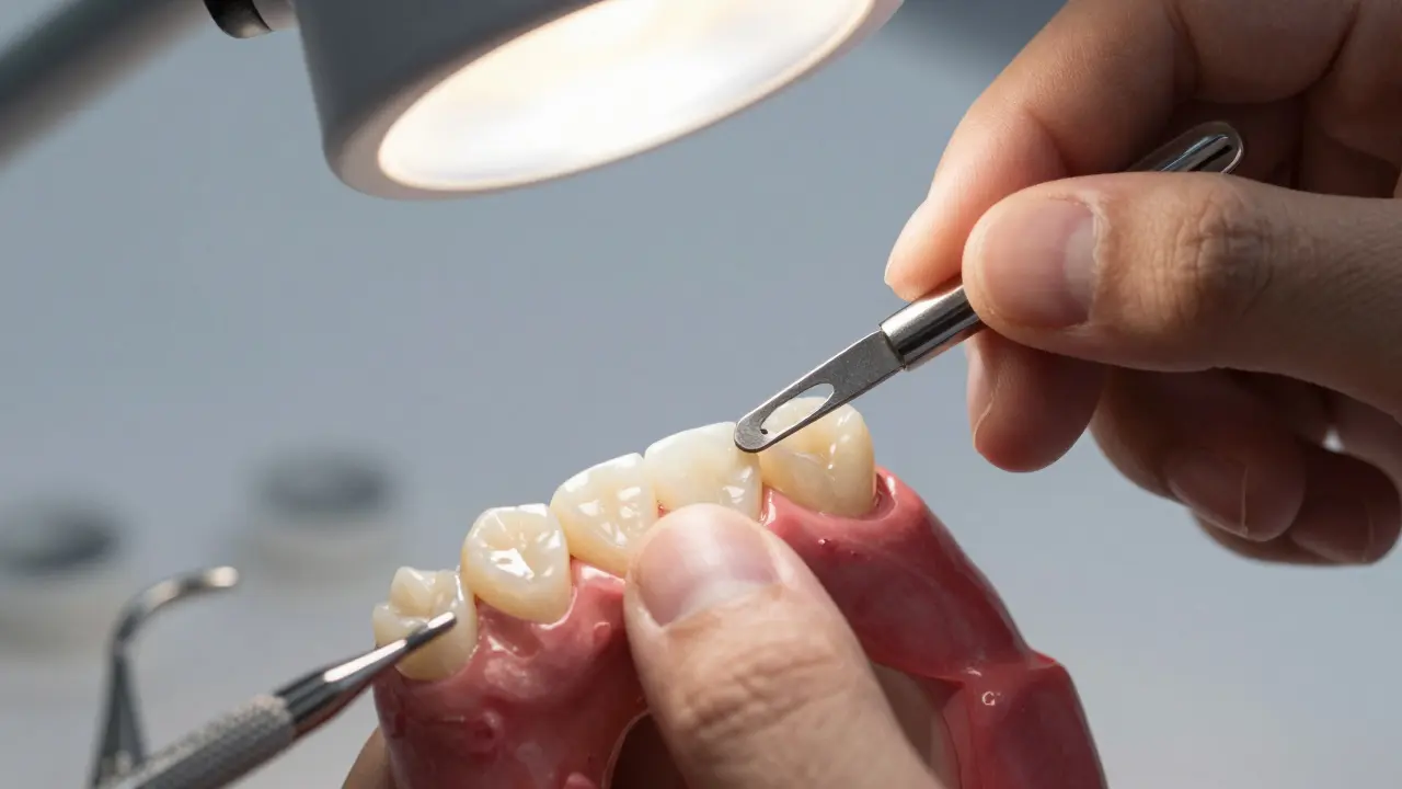 Dentista přilepuje keramickou fazetu na zub s přesným zobrazením procesu.
