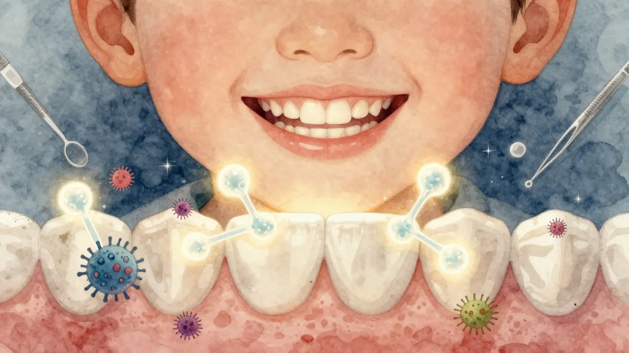 Dítě se směje, jeho nové zuby jsou chráněny jemnými molekulami fluoridu, které se připojují ke sklovince.