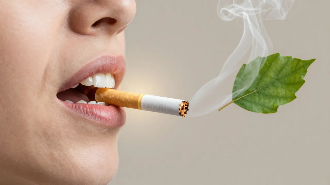 Dva obrazy úst: jedny zničené kouřením, druhé obnovené — kouř se mění v list, symbolizující zdraví po přestání kouřit.