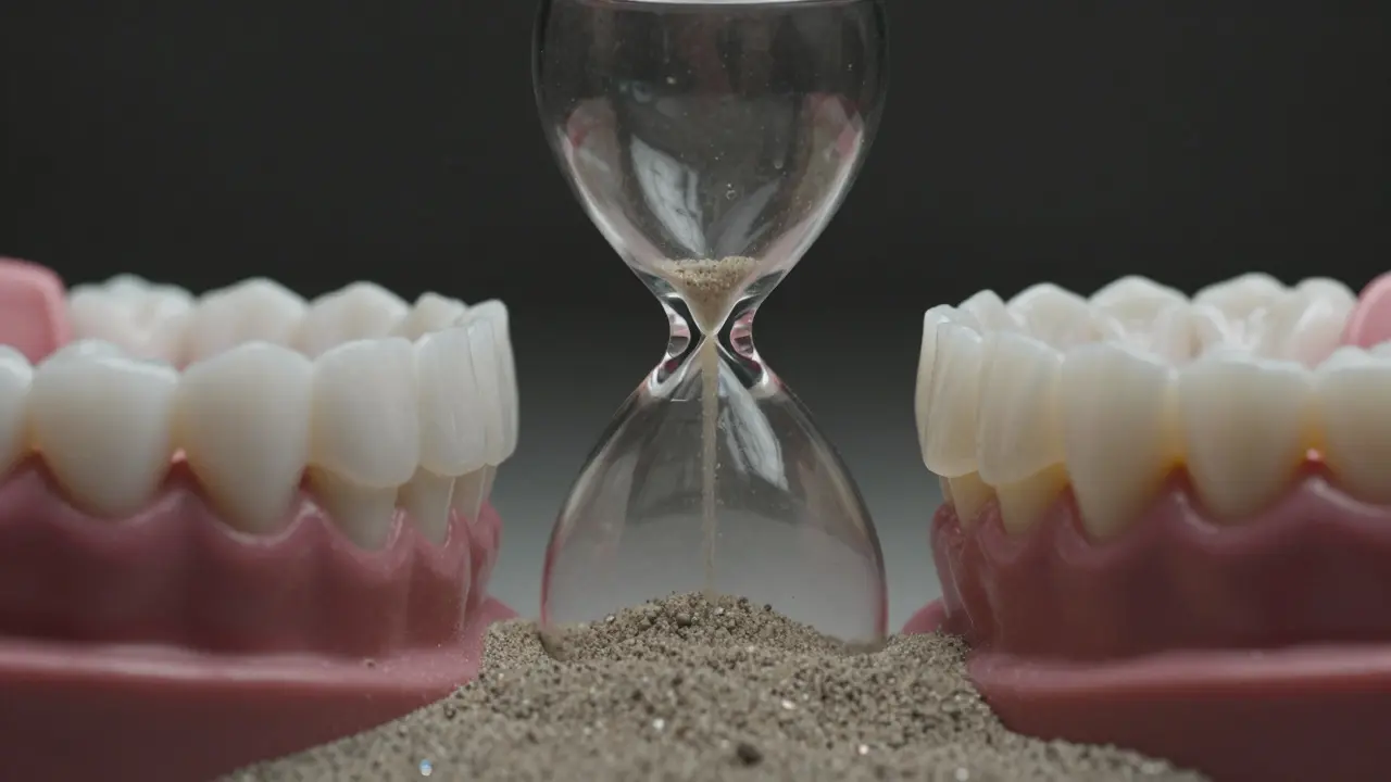 Dva typy zubů: přirozeně bílé a přebílené, oddělené přesypajícími hodinami.