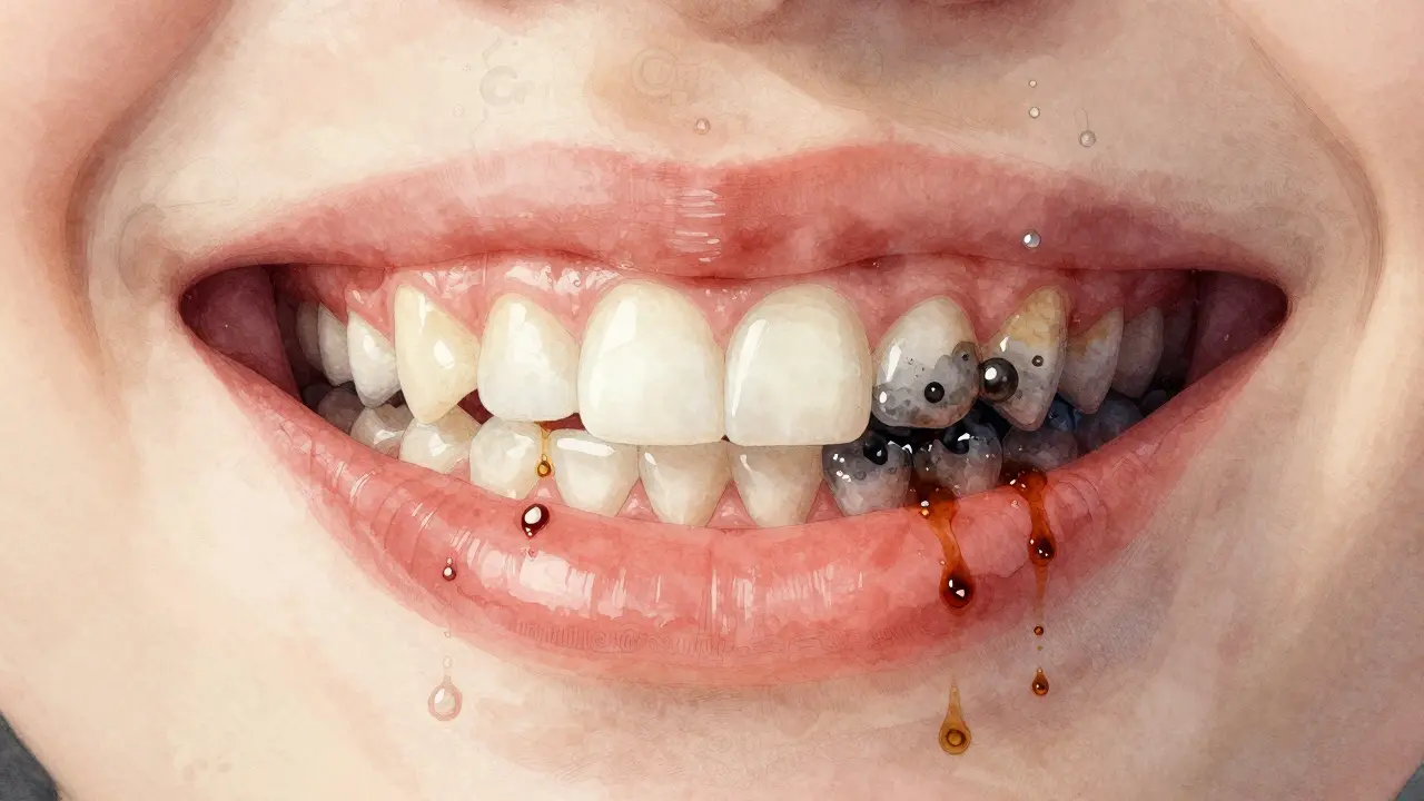 Ilustrace zdravého a postiženého ústního prostředí s kovovými a tanninovými stopami.