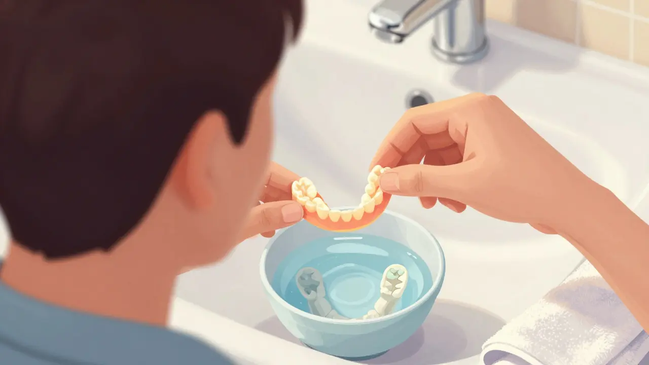 Jemné vyjmutí náhradních zubů z úst oběma rukama.