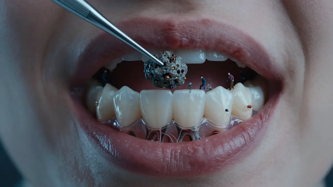 Koncepční obraz kamenů pod dásní a bakterií ničících kost, s nástrojem pro odstranění.