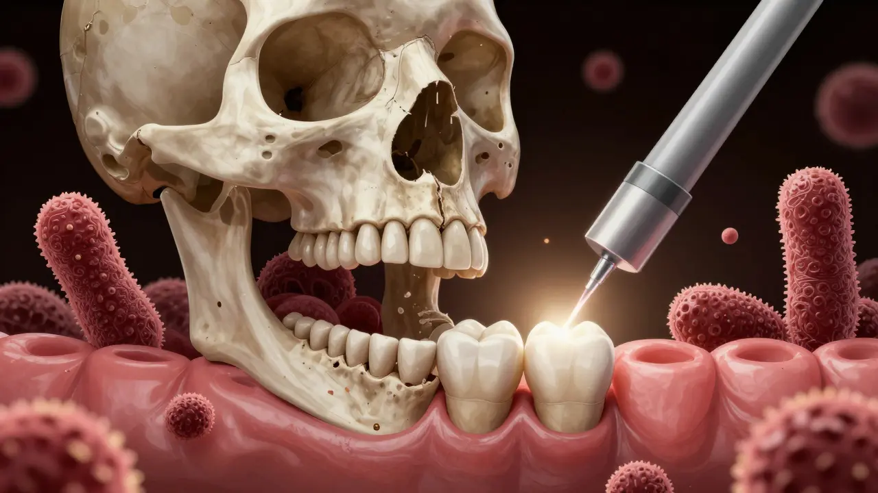 Laserová léčba pod dásními zničí bakterie a podporuje hojení kosti.