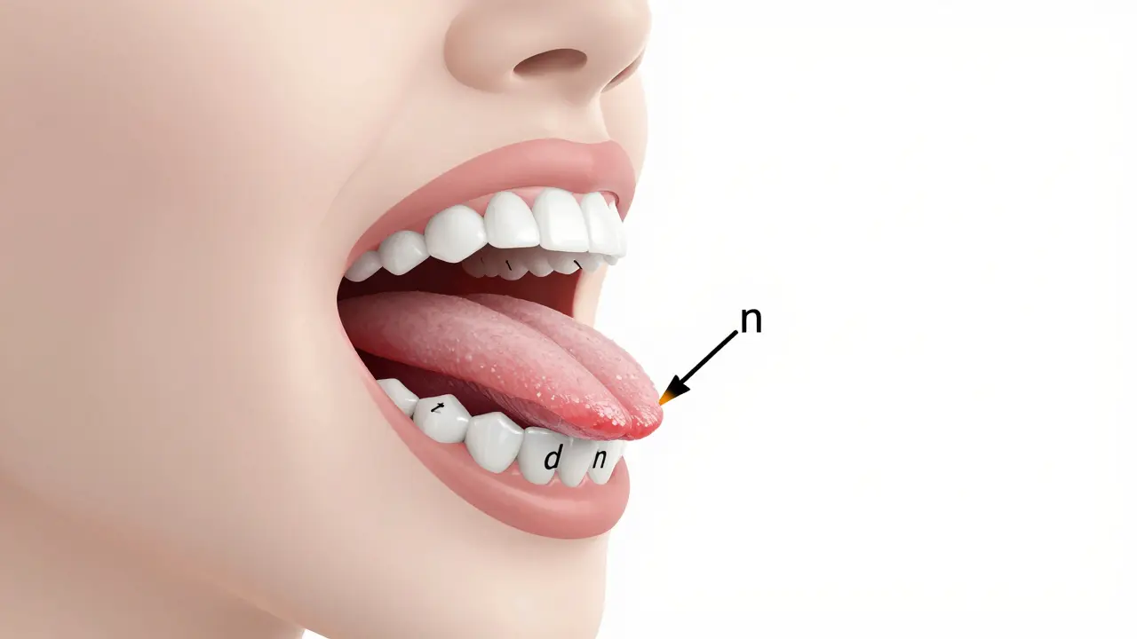 Medicínská ilustrace ukazující, jak nesprávné postavení zubů omezuje pohyb jazyka.