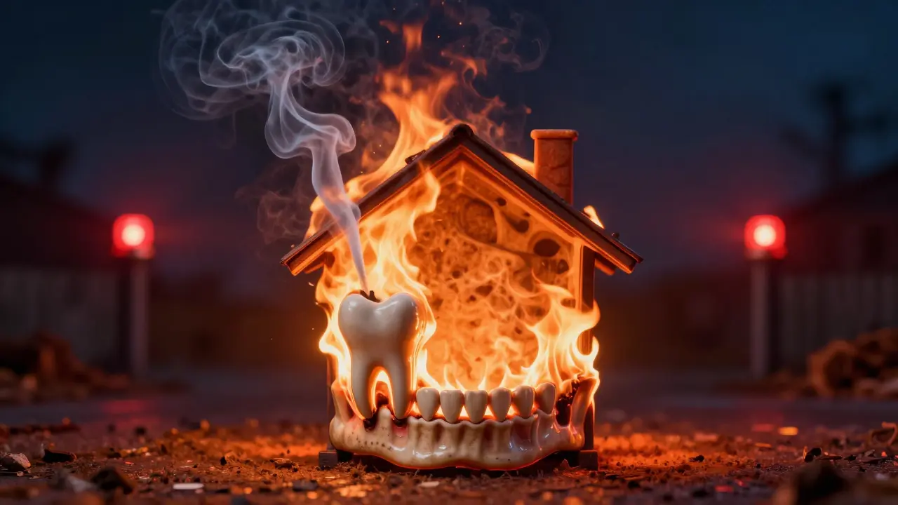Metaforický obraz požáru v zubu, který se šíří do čelisti, symbolizující nebezpečí zanedbaného zánětu.