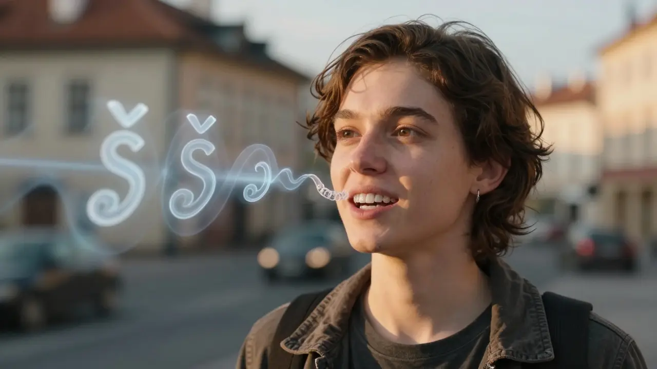 Osoba s transparentními zubními nápravami mluví jasně, zvuky 's' a 'š' jsou vidět jako vlny.