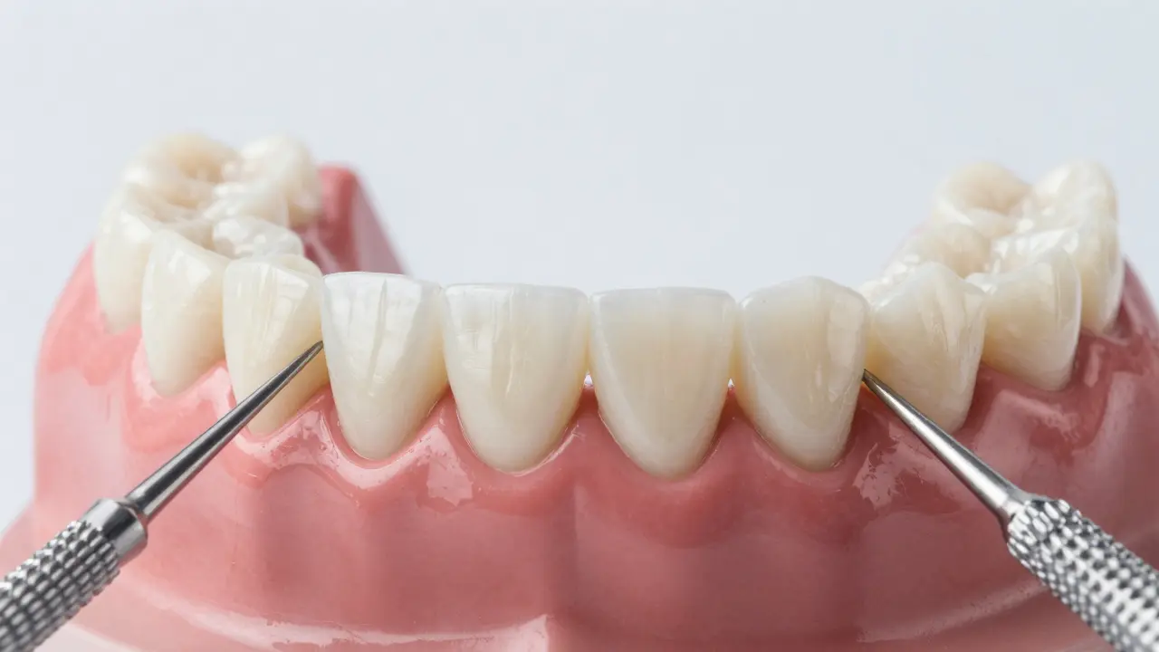 Porcelánová a kompozitní fazeta na modelu zubu s detailním porovnáním.