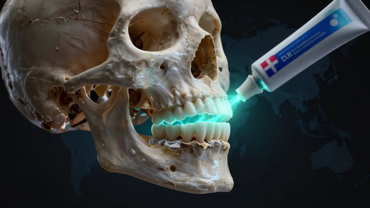 Přehled lidské lebky s vnitřními vrstvami fluorapatitu, které posilují zuby, zubní pasta jako zdroj ochrany.