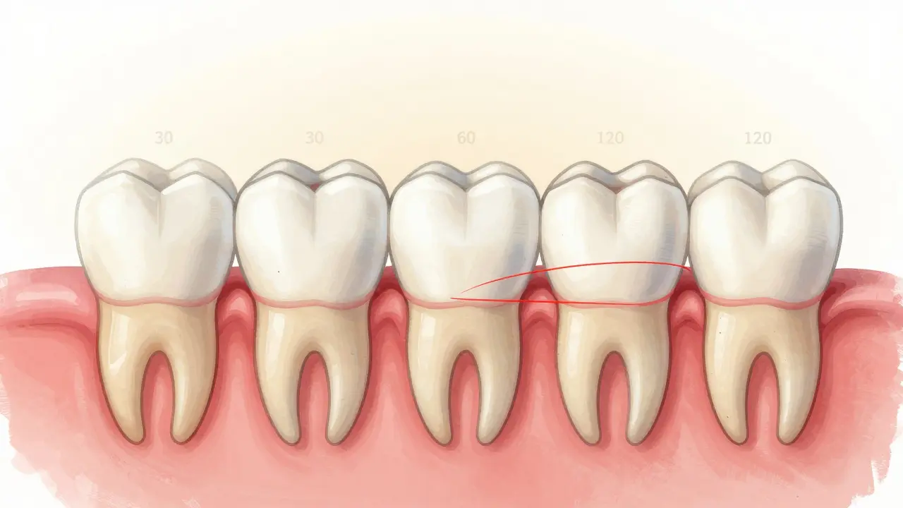 Přehled průniku gelu do skloviny zubů při různých dobách.