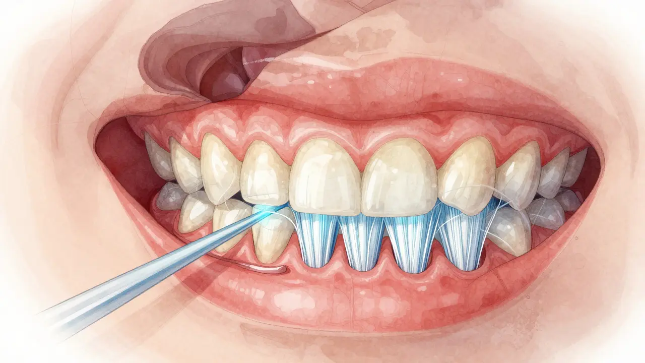 Příčný řez ústní dutiny ukazující, jak jemné štětce Curaprox pronikají mezi zuby a nezatlačují na dásně.