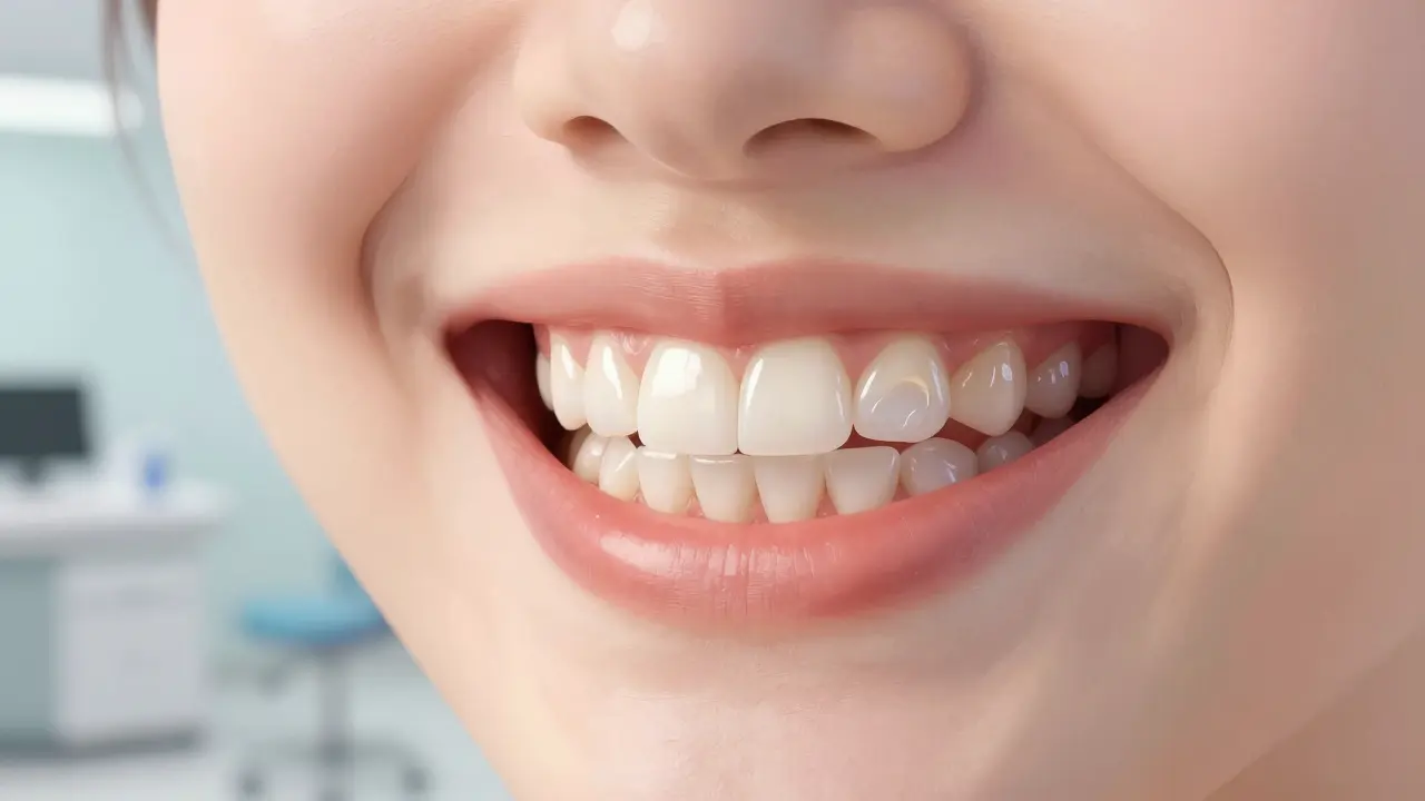 Smiling person with natural-looking teeth, one tooth magnified to show layered composite material mimicking enamel.