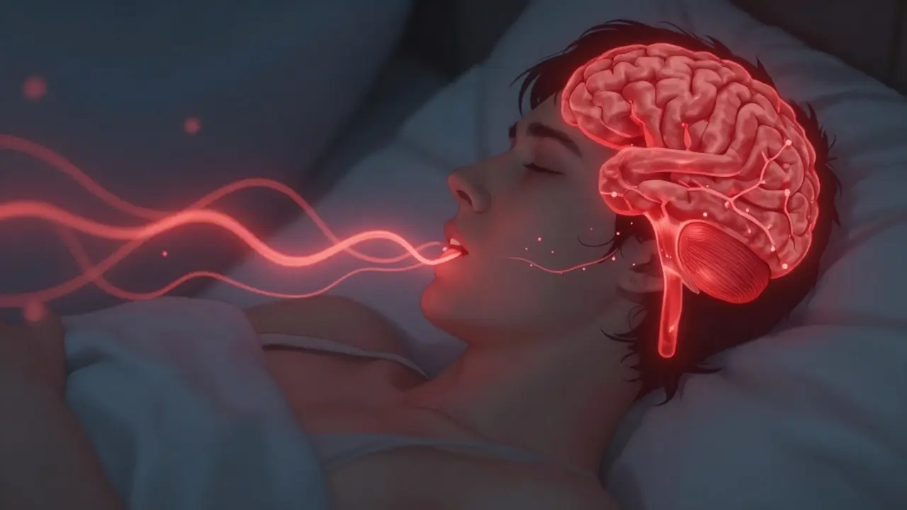 Spící osoba s červenými vlnami zánětu z úst do mozku