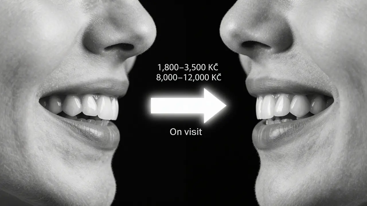 Split image: damaged tooth on left, restored with composite veneer on right, with cost and time comparison arrow.