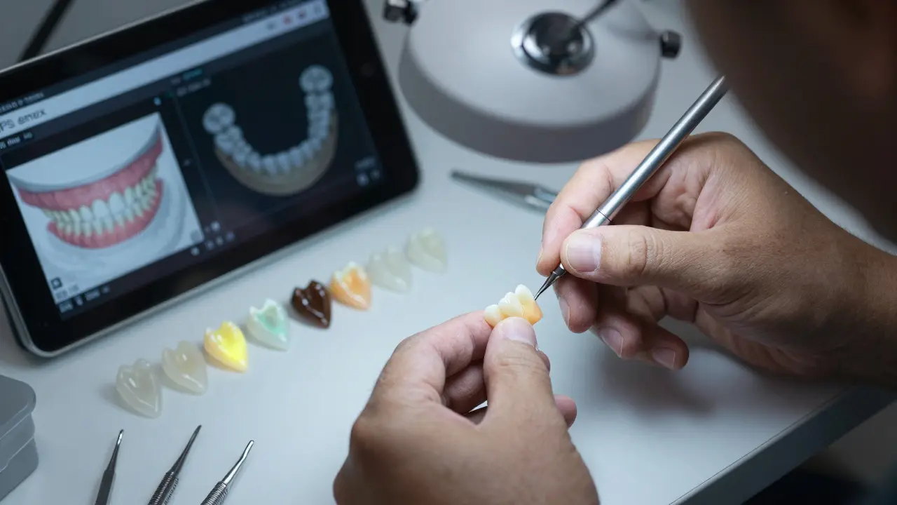 Technician crafting a ceramic veneer in a dental lab with precision tools and 3D scans.