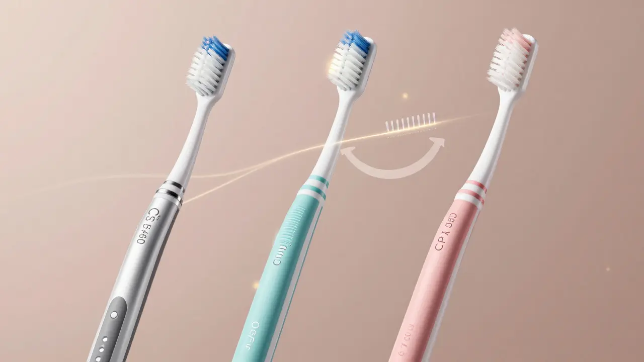 Tři modely Curaprox kartáčků s průhlednými vnitřními strukturami štětců, plavající nad stylizovanou úsměvem.