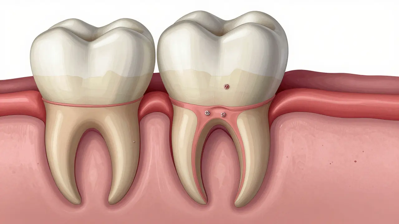 Vnitřní řez zubem s kamenem pod dásní a ničenou kostí kolem kořene.