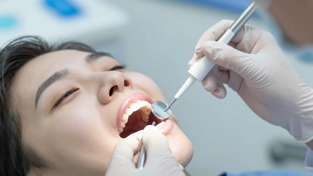 Zubní lékař aplikuje fluoridovou léčbu na zuby.