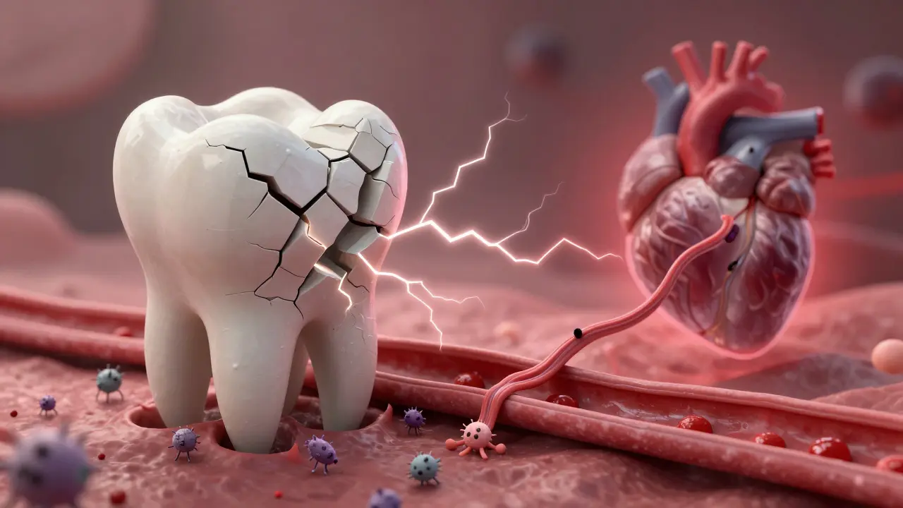 Abstraktní obrázek rozpadajícího se zubu, ze kterého vybíhají bakterie směrem k srdci a mozku.