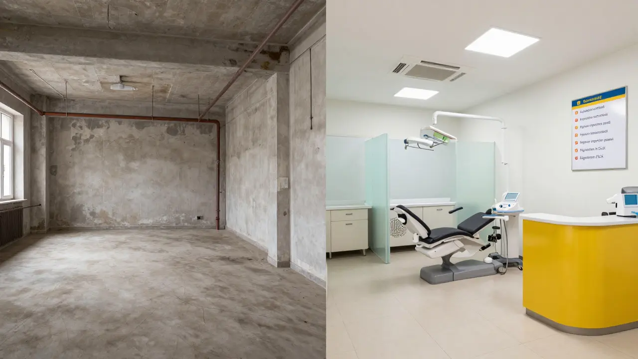 Before-and-after comparison of unrenovated space transformed into certified dental office.