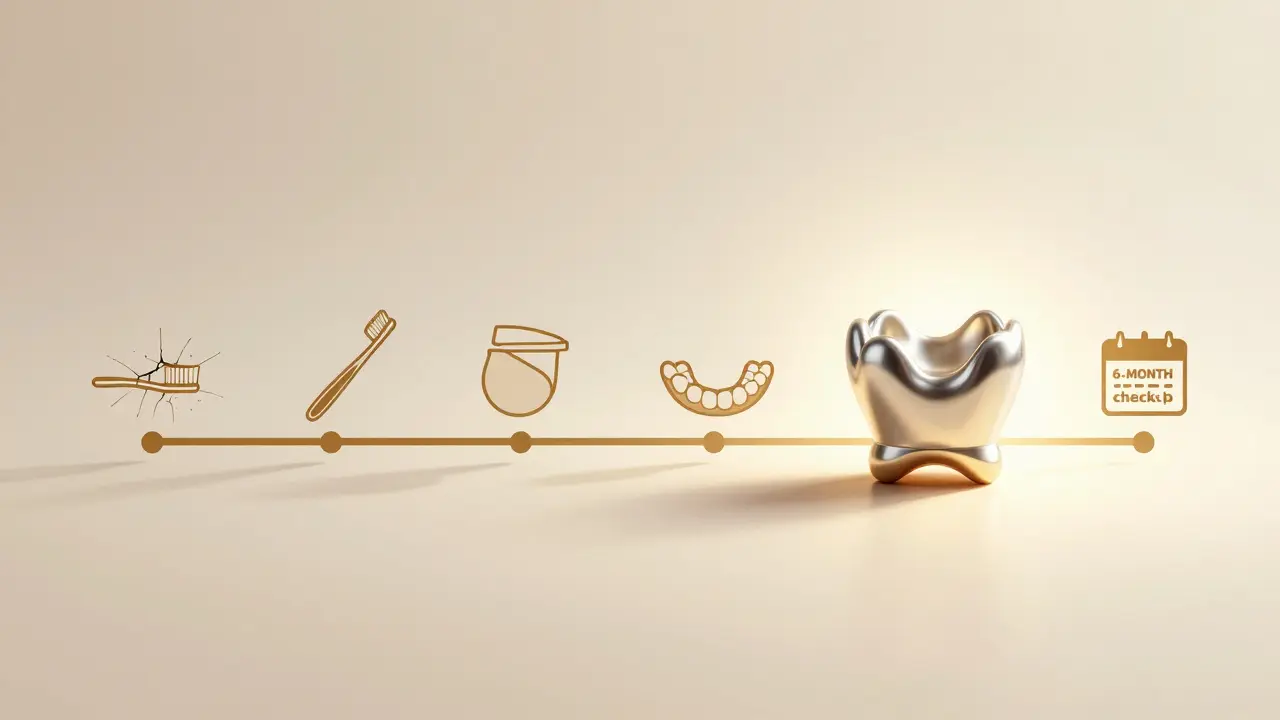 Časová osa ukazující metalokeramickou korunku trvající 30 let při pravidelné péči, s ikonami údržby.