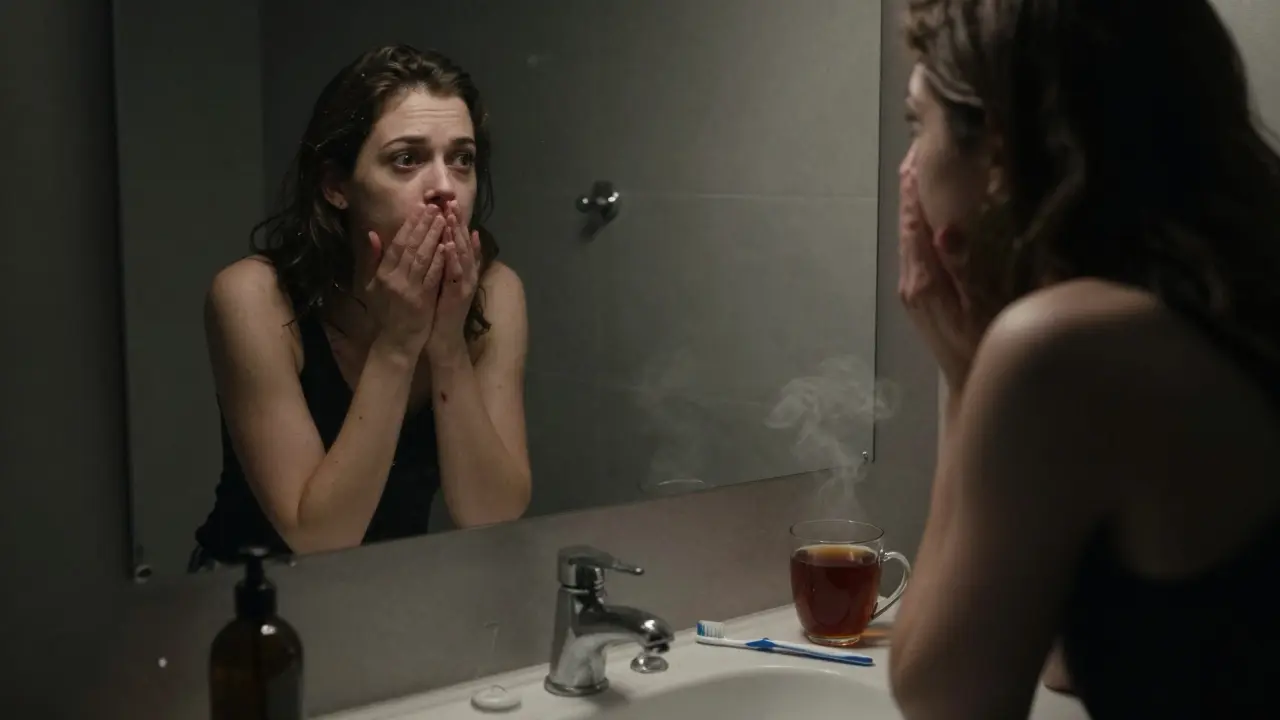 Člověk se dívá do zrcadla a přikrývá ústa, na zubech jsou tmavé skvrny.