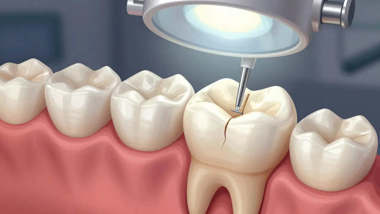 Cross-section of a ceramic inlay perfectly fitted into a molar.