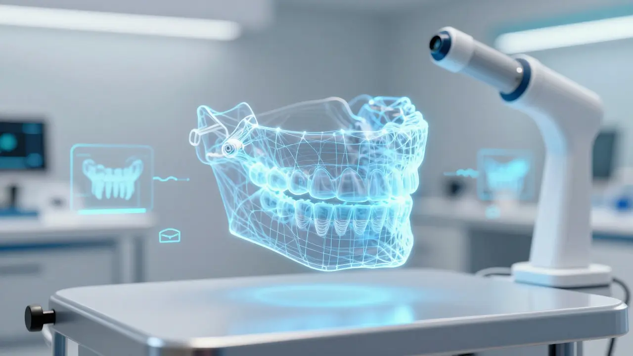 Holografický 3D model zubů pro ortodontické plánování.