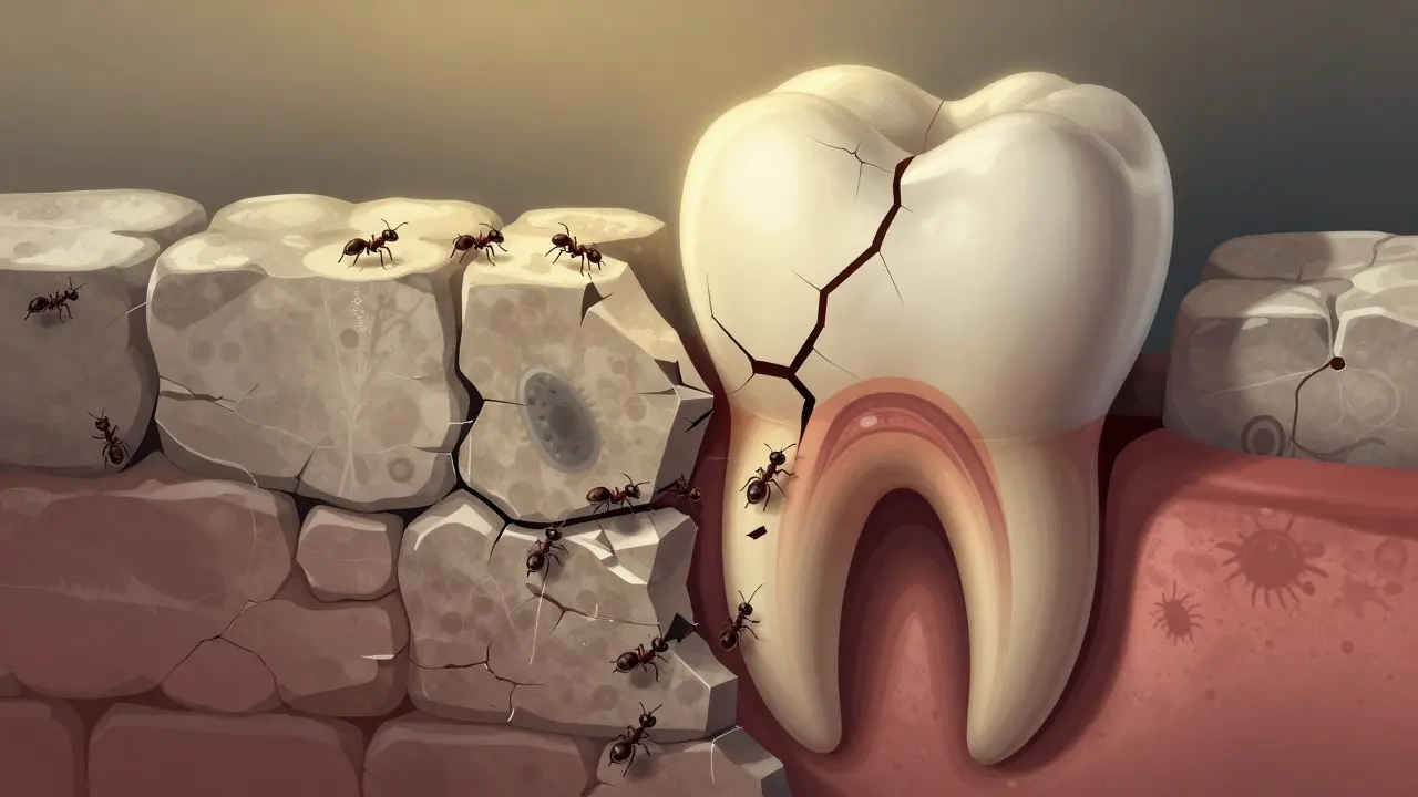 Ilustrace zubu jako zdiva s bakteriemi pronikajícími prasklinou směrem k dřeni.