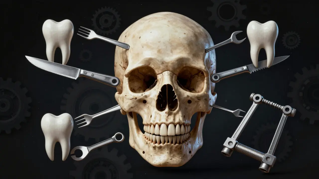 Konceptuální ilustrace lebky, kde každý typ zubu je zobrazen jako nástroj: řezák jako nůž, klíček jako vidlička a molár jako kladivo.