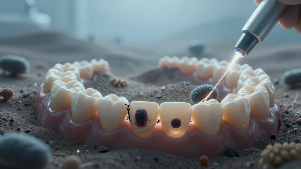 Konceptuální zobrazení mezizubních prostorů jako skrytých údolí s bakteriemi a čištěním.